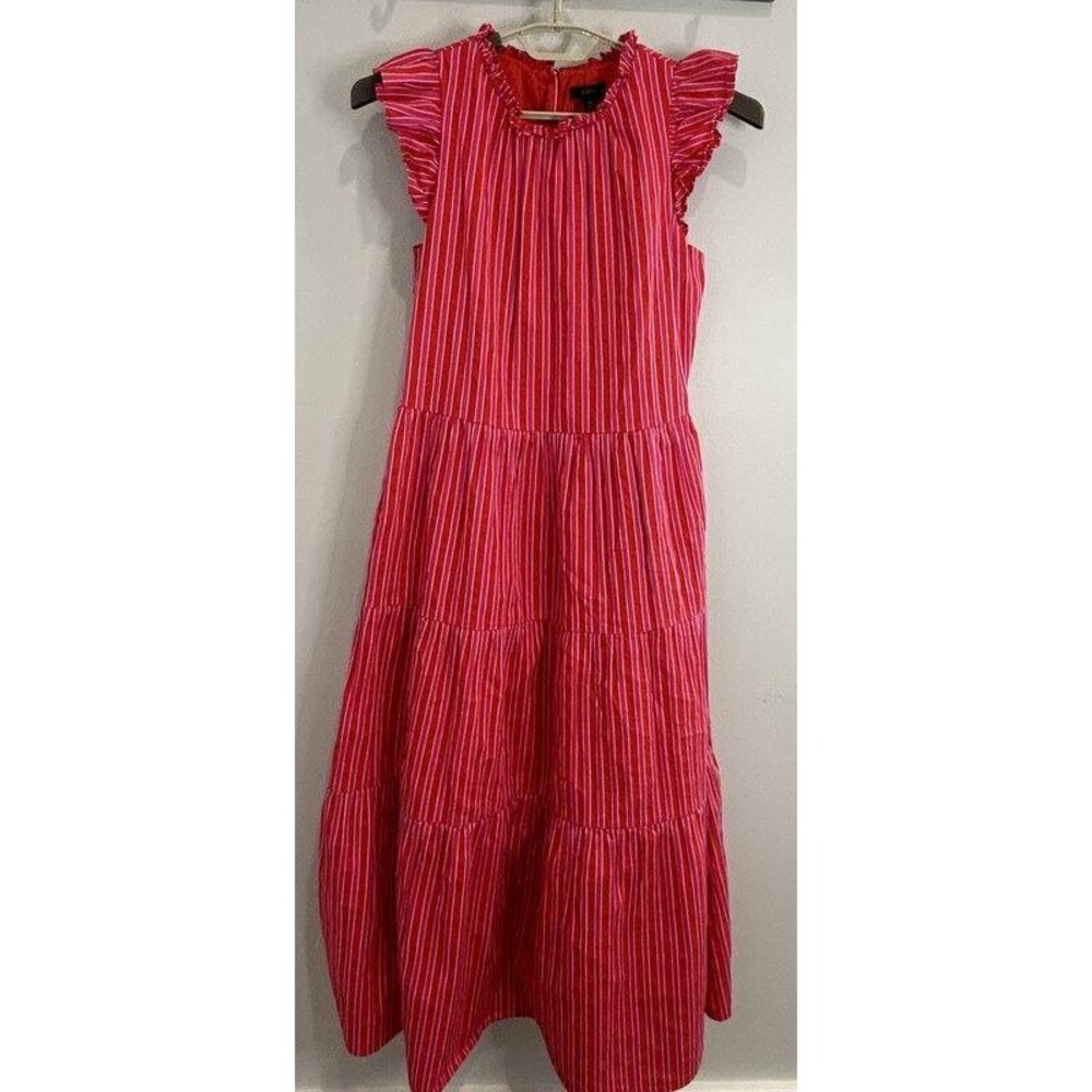 J Crew Maxi Tier Ruffle Shoulder Sleeveless Dress Pink Red Stripe Lined ST Small
